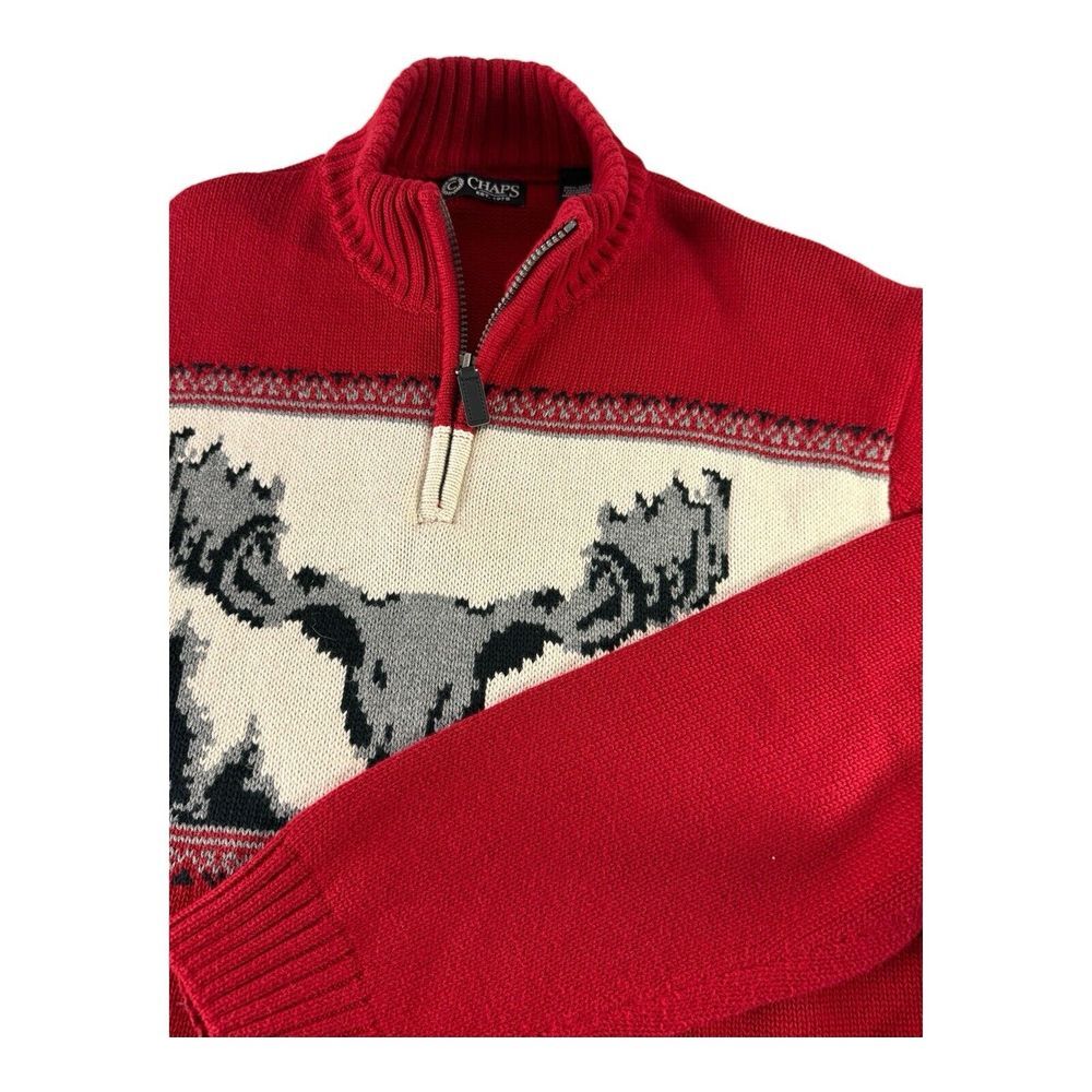 Chaps Men's Woodland 1/4 Zip XL Sweater Winter Red White & Grey 100% Cotton